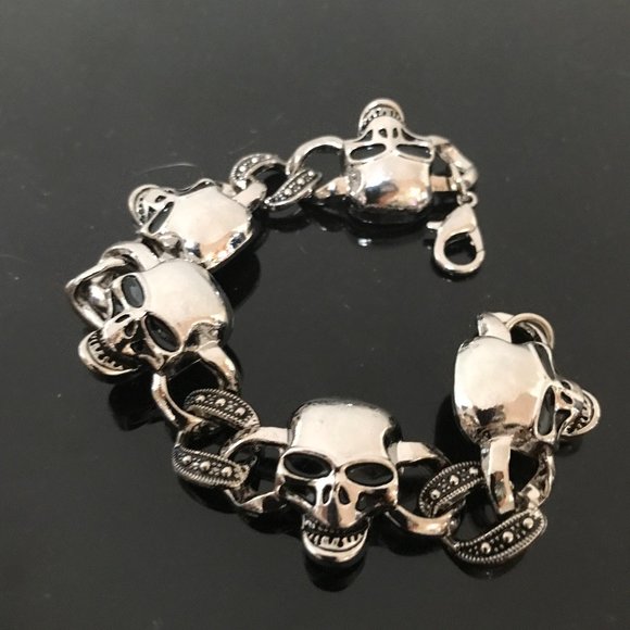 Skull Bracelet Chain Biker Silver Rock Mans Moto Gothic Motorcycle Skulls Unisex - Picture 4 of 10